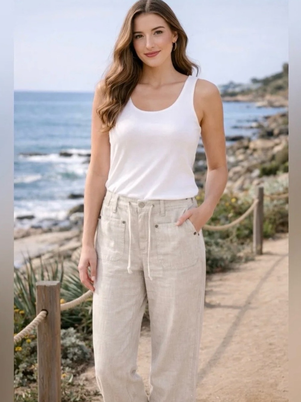INC International Concepts 100% Linen Drawstring Pants Beige Size 4 Coastalcore